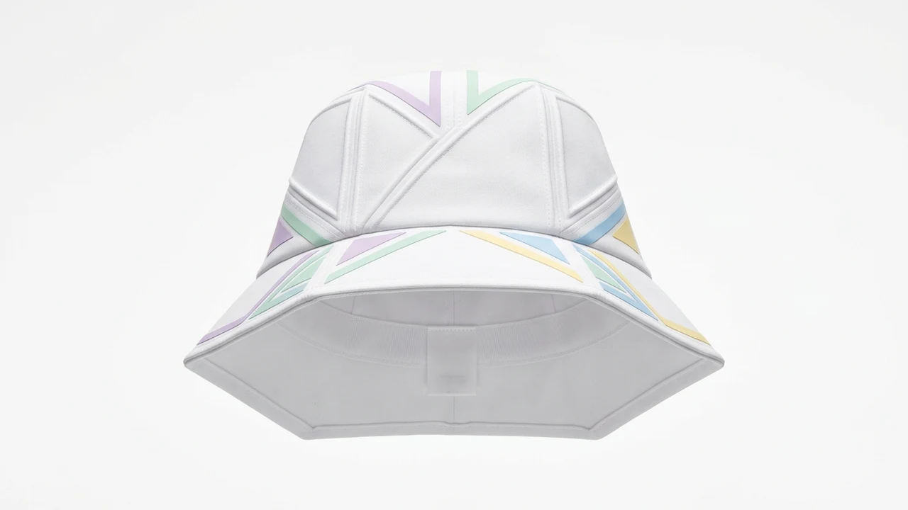 A white bucket hat with pastel chevrons, packshot on the studio ground