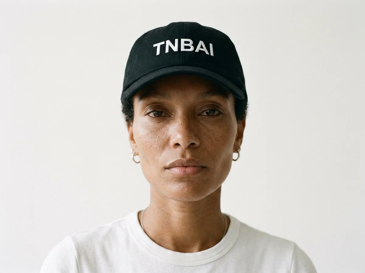 a black cap with a white TNBAI logo placed on the front, worn by a model in a white t-shirt