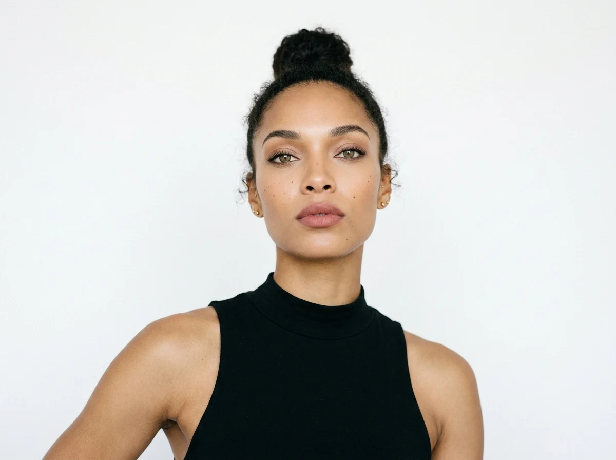 a studio portrait of a model in a black top, hair up, the swapped face natural in the light