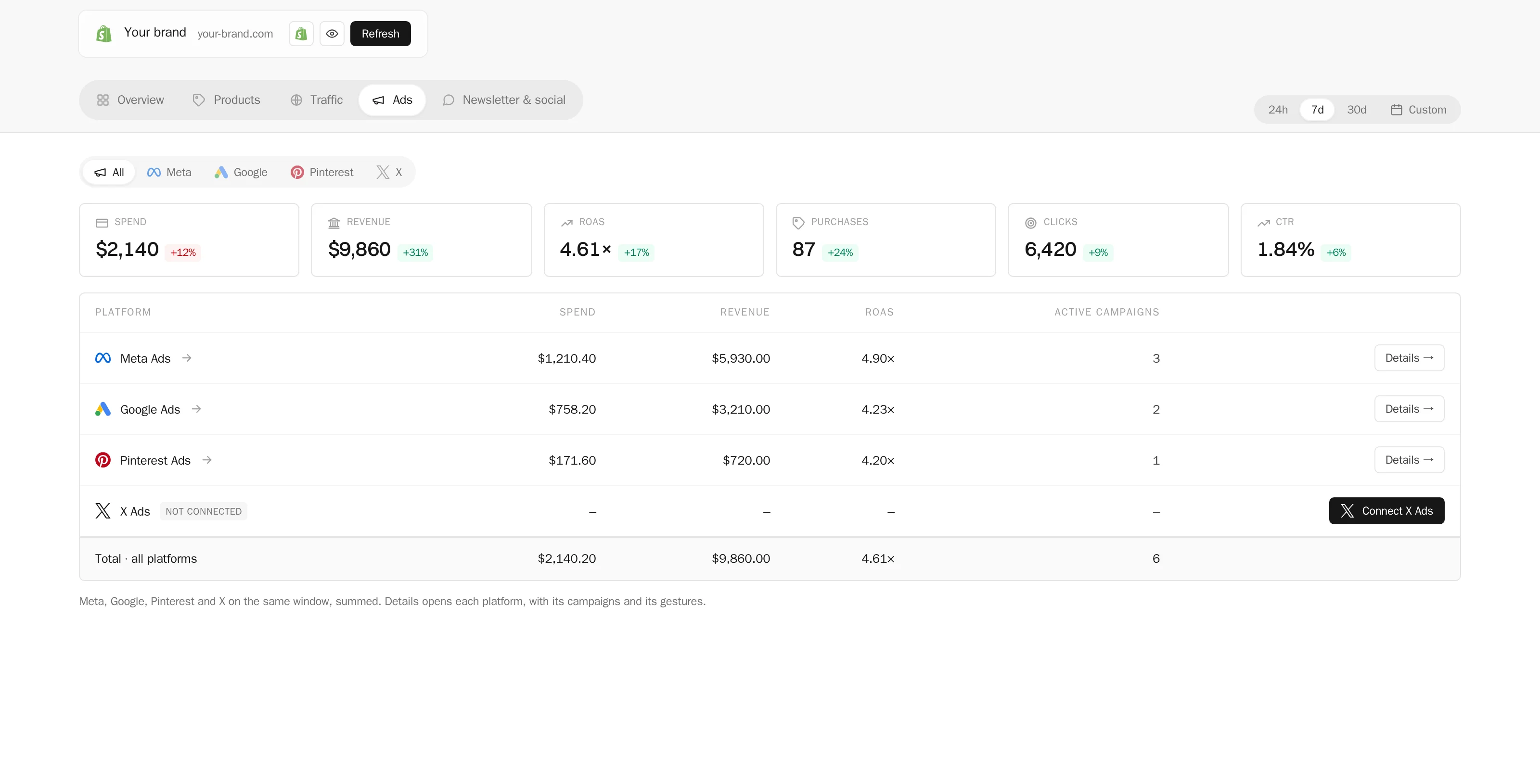 The Ads tab of the Store: Meta, Google and Pinterest campaigns with spend, revenue and return on one window