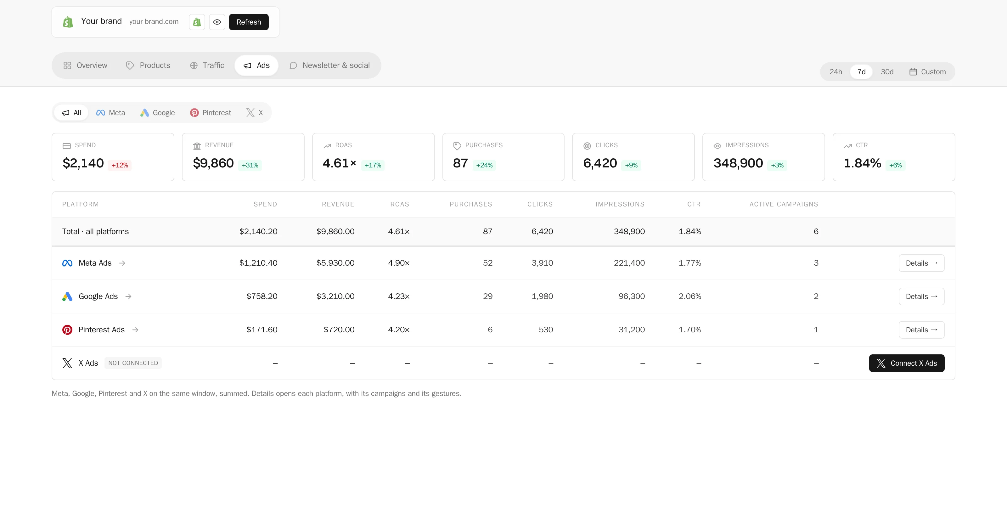 The Ads tab of the Store: Meta, Google and Pinterest campaigns with spend, revenue and return on one window