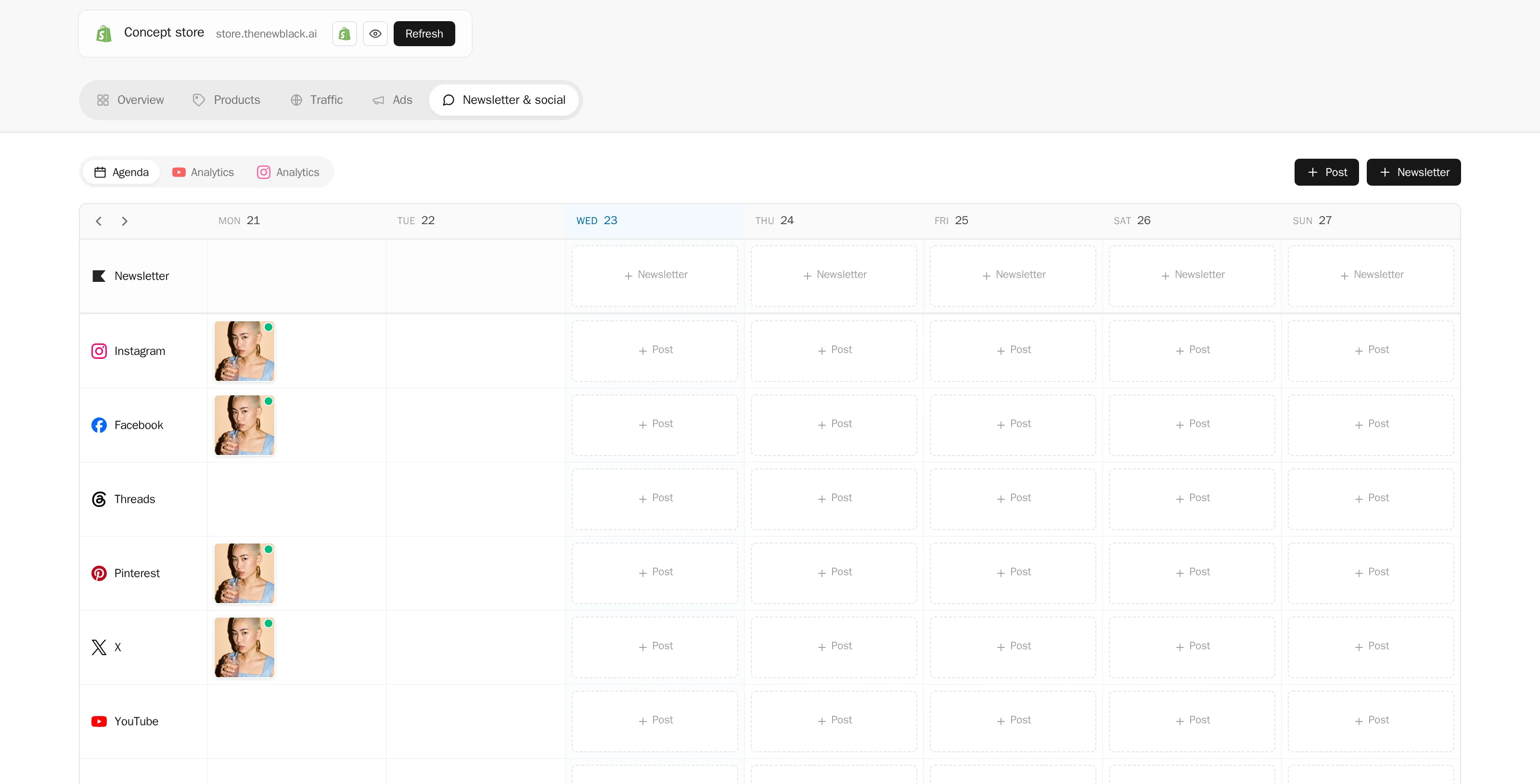 The Newsletter & social tab of the Store: the week’s agenda, one row per network, posts and newsletters