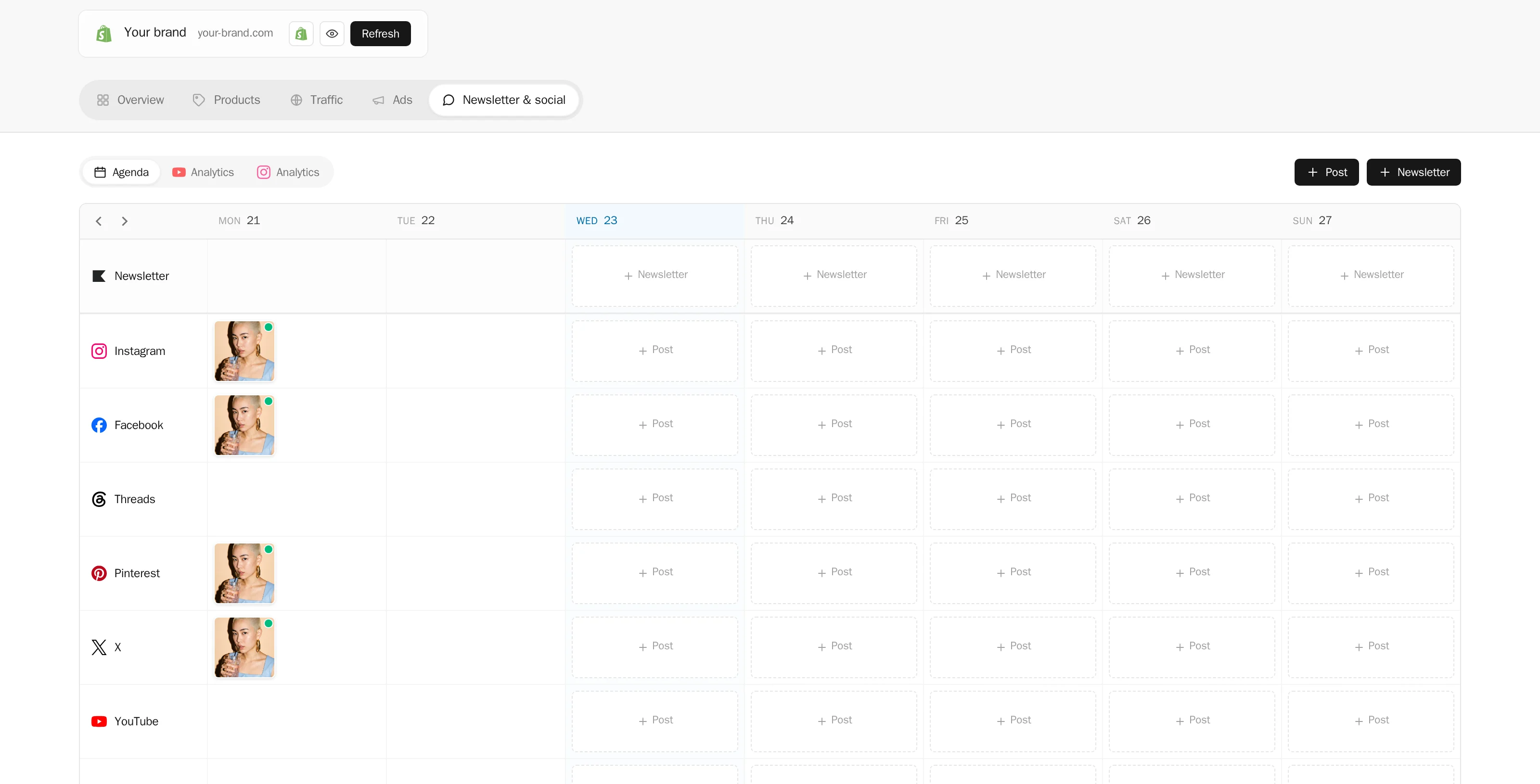 The Newsletter & social tab of the Store: the week’s agenda, one row per network, posts and newsletters
