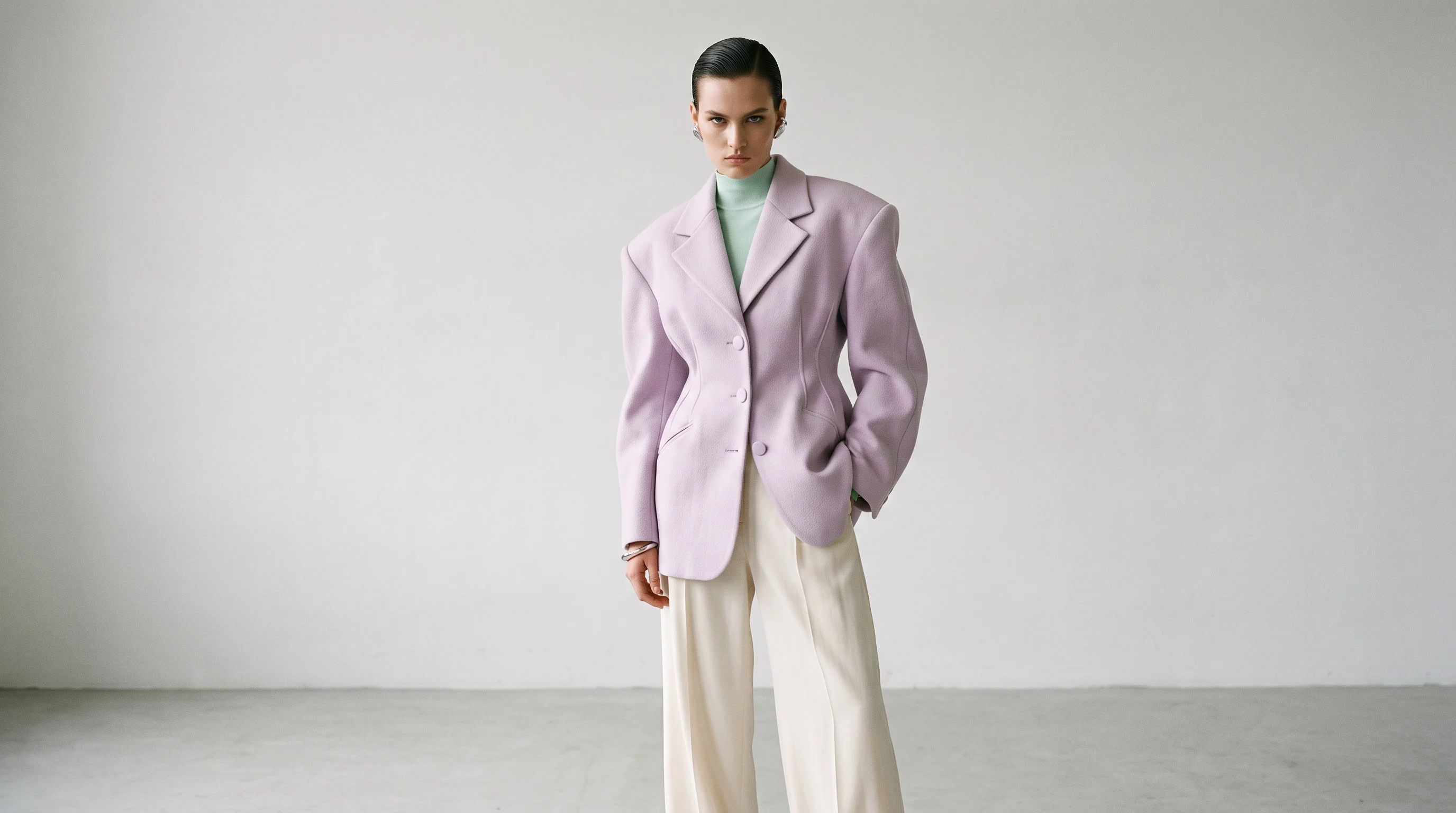 A model in a pale lilac sculptural blazer over a mint high-neck top with cream trousers, standing on a light grey studio ground