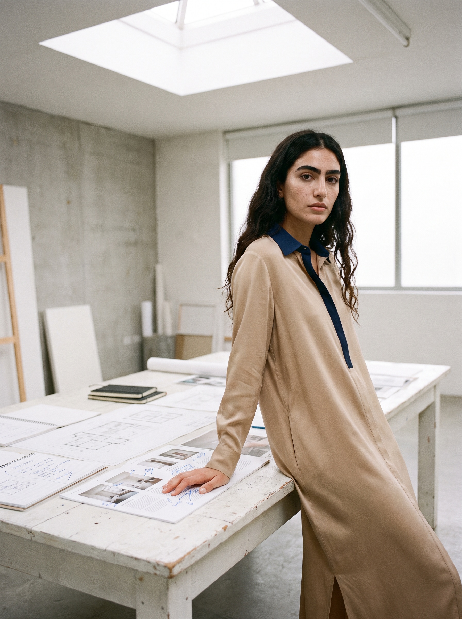 AI fashion model in a sand silk shirt dress leaning on a table of printed page layouts, generated with The New Black AI