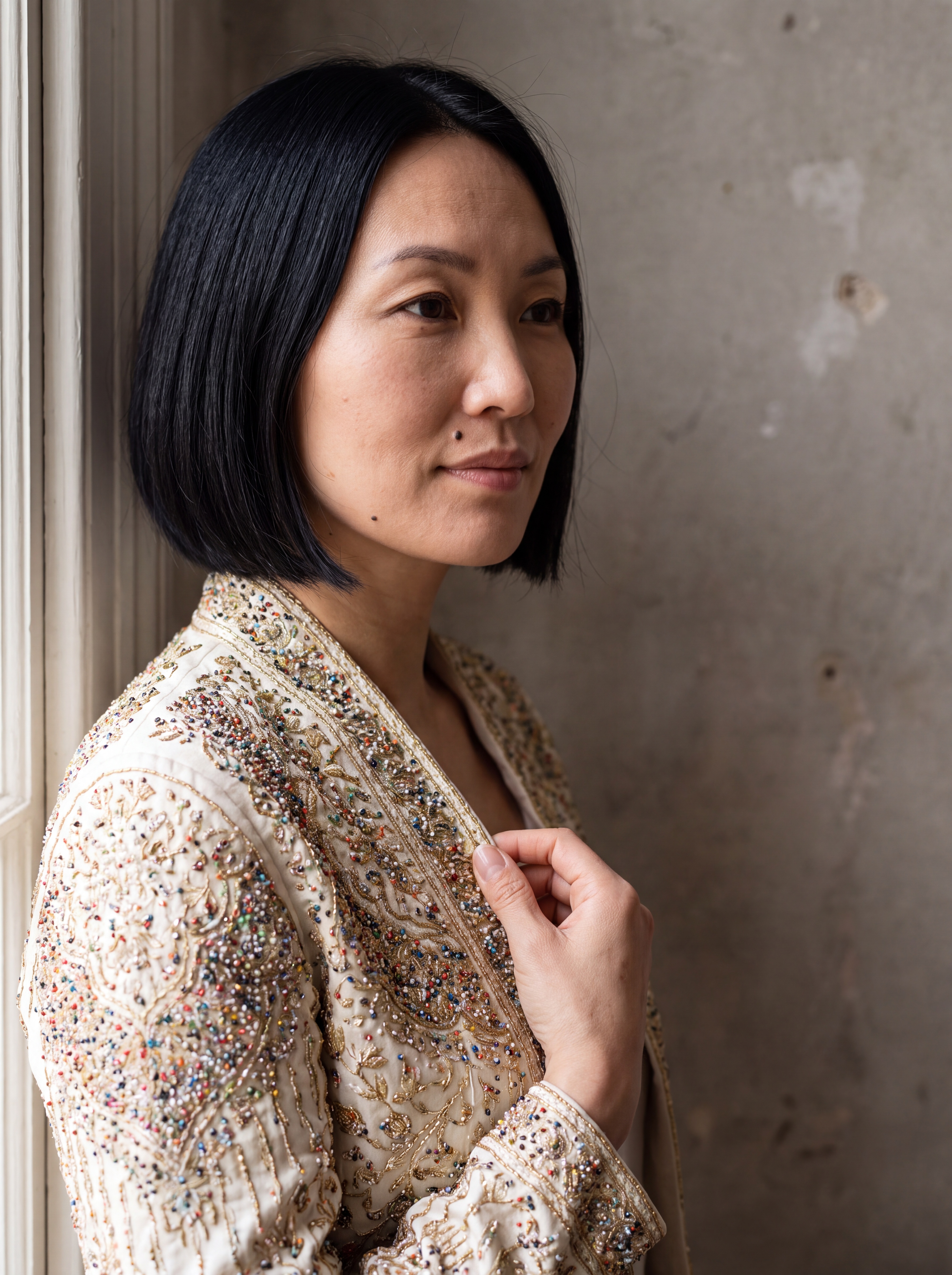 AI fashion model in a hand-embroidered ivory bolero, generated in 4K with Ultra AI on The New Black AI