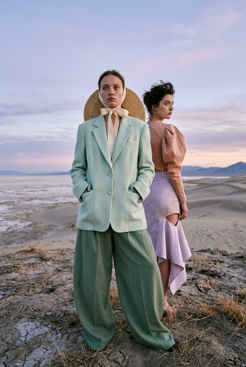Two AI generated fashion models, two women in an editorial full-length photograph, one facing the lens with her hands in her pockets