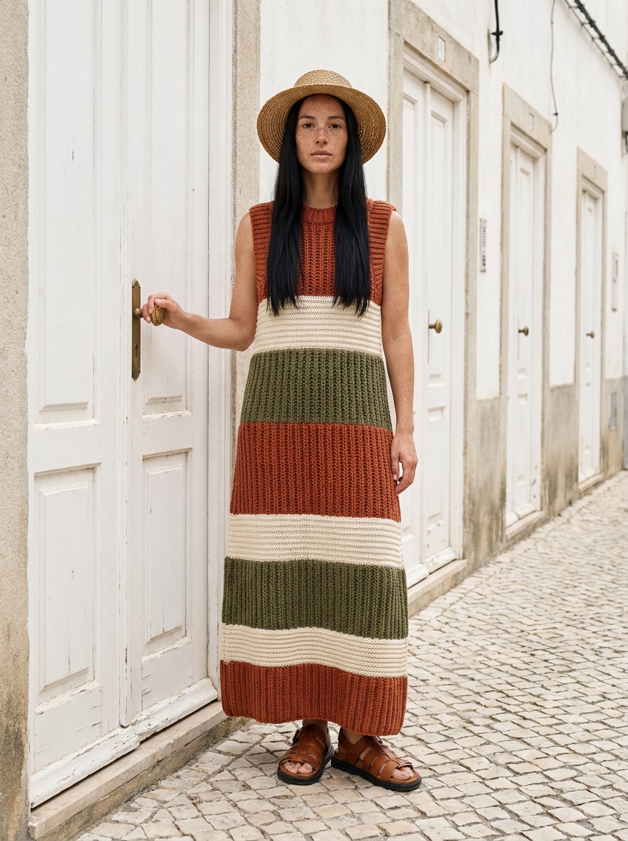 AI fashion model in a colour-blocked knitted maxi dress in front of a row of white doors, generated with The New Black AI