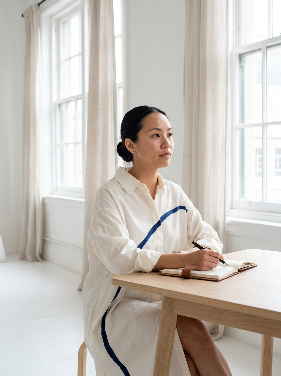 AI fashion model in an ivory poplin shirt-dress writing in a notebook, generated with The New Black AI