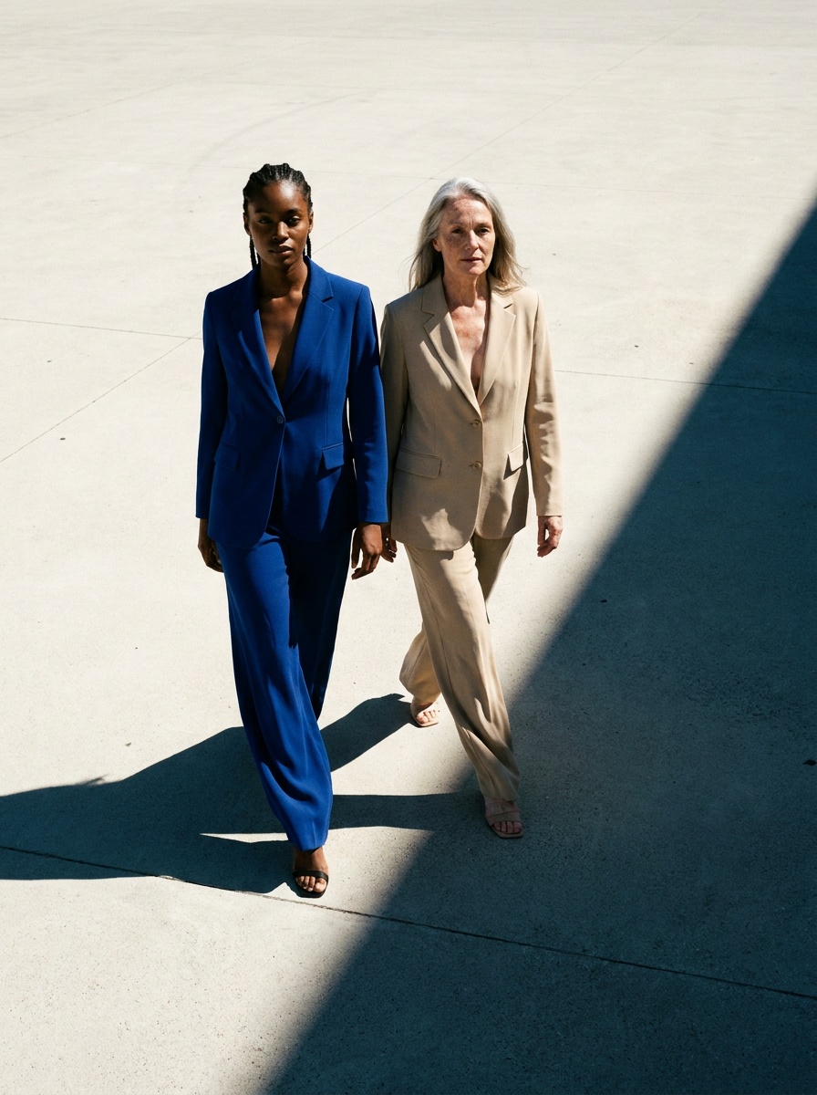 Two AI fashion models in cobalt and sand trouser suits walking in the sun, generated with The New Black AI