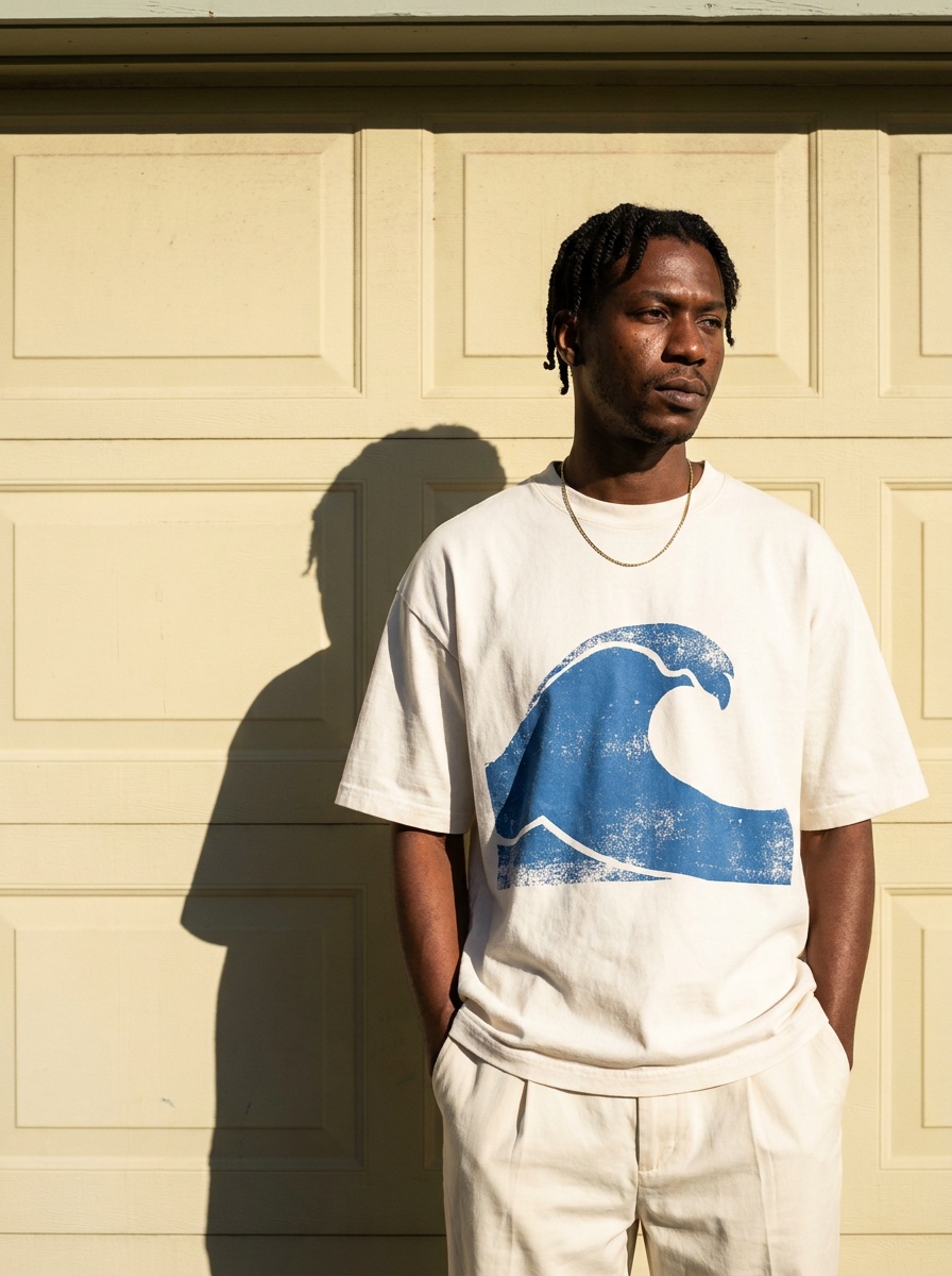 AI fashion model in an off-white tee with a blue wave print following the folds, generated with The New Black AI
