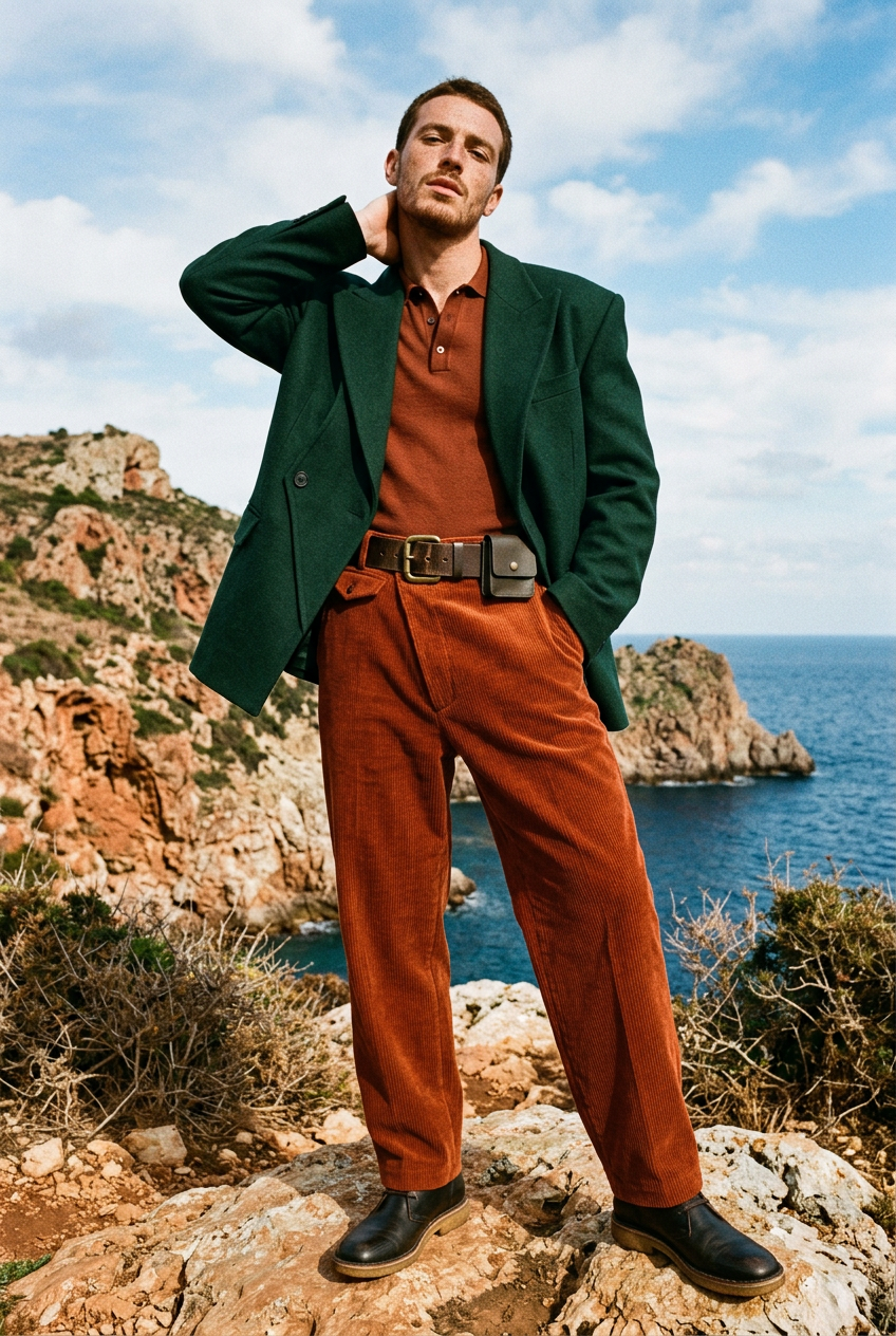 Editorial photograph of a male fashion model standing with one hand on the back of his neck, full length