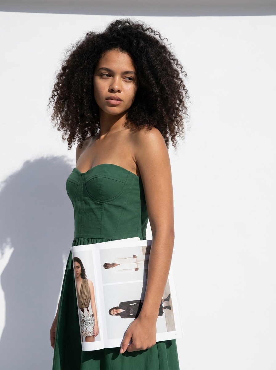 AI fashion model in a green bustier dress holding an open printed lookbook, generated with The New Black AI