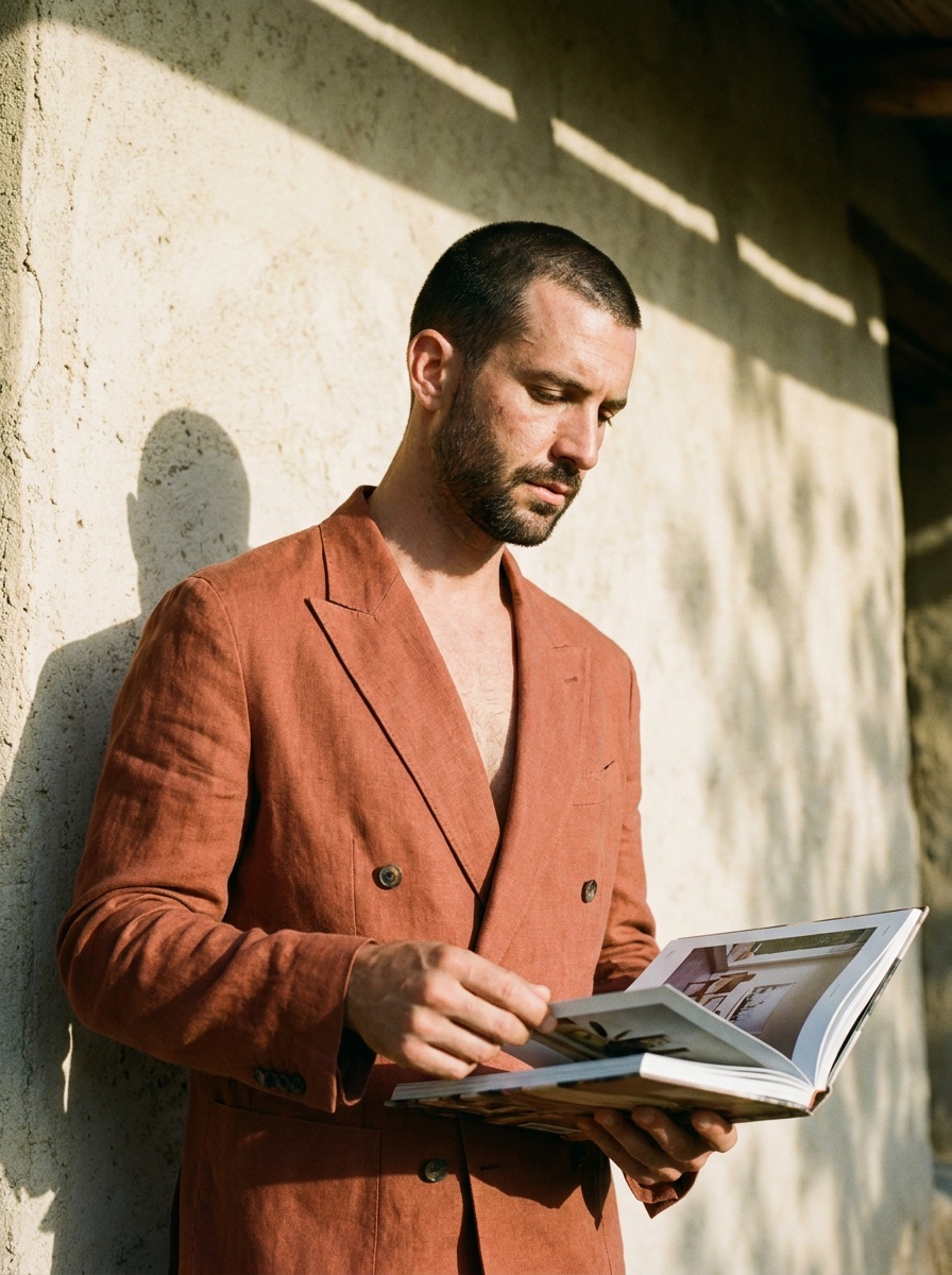 AI fashion model in a terracotta linen blazer reading a printed page, generated with The New Black AI