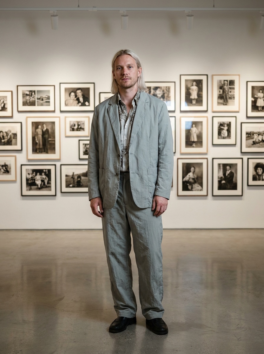 AI fashion model in a grey crinkled suit in front of a wall of framed photographs, generated with The New Black AI
