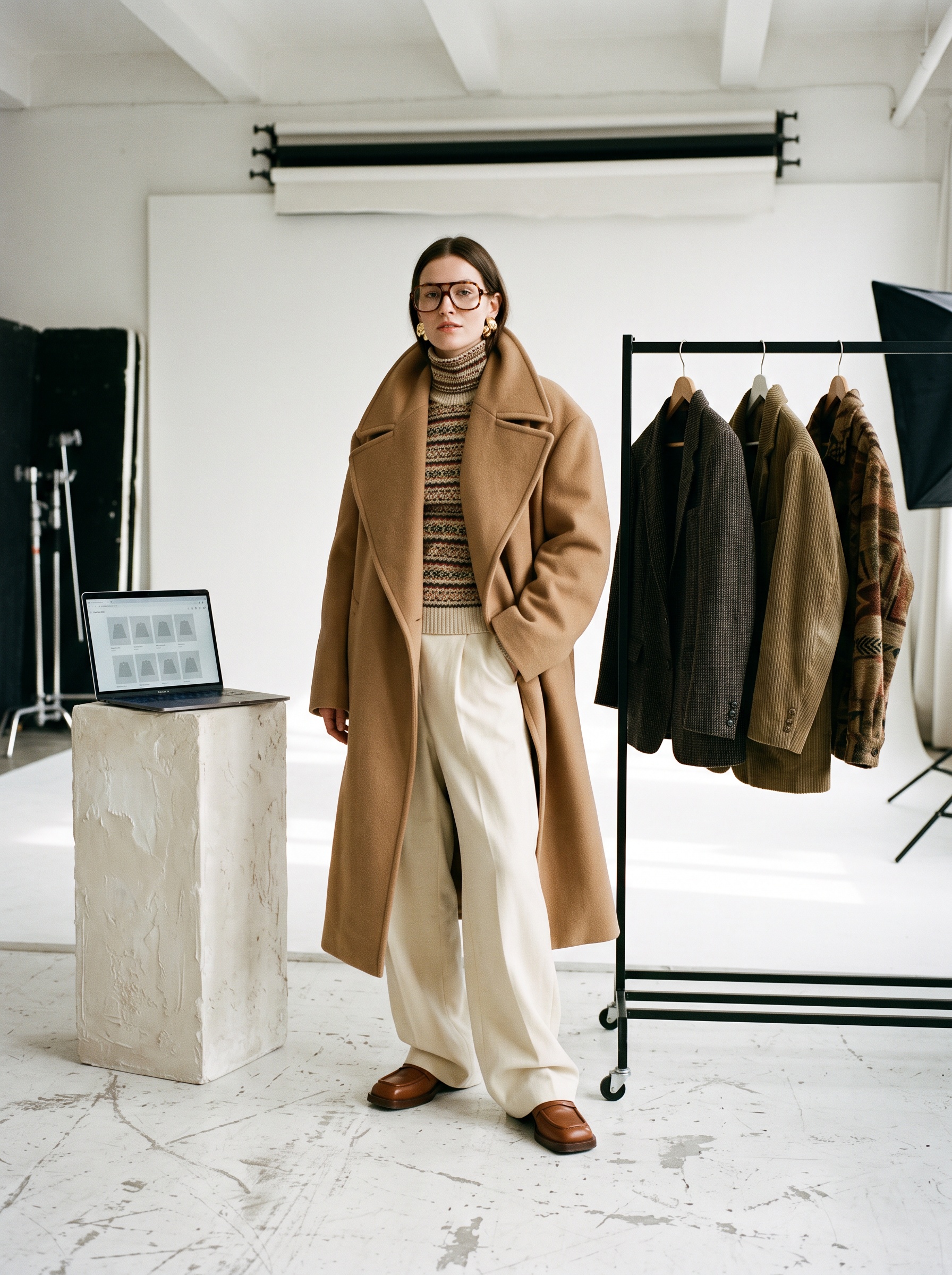 A model in a camel coat and cream trousers in a white photo studio, beside a rail of jackets and a laptop showing a product grid