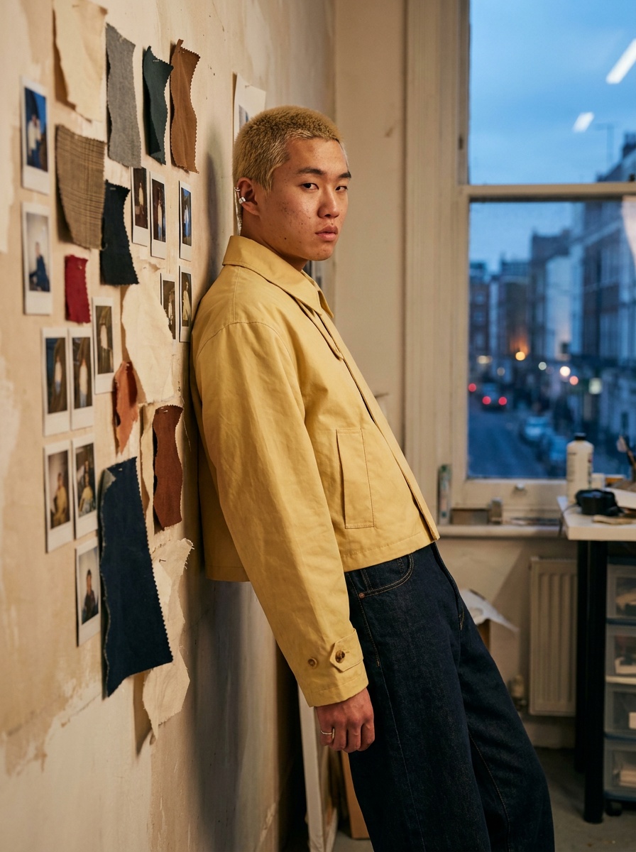 AI fashion model in a butter-yellow cropped trench against a wall of pinned swatches, generated with The New Black AI