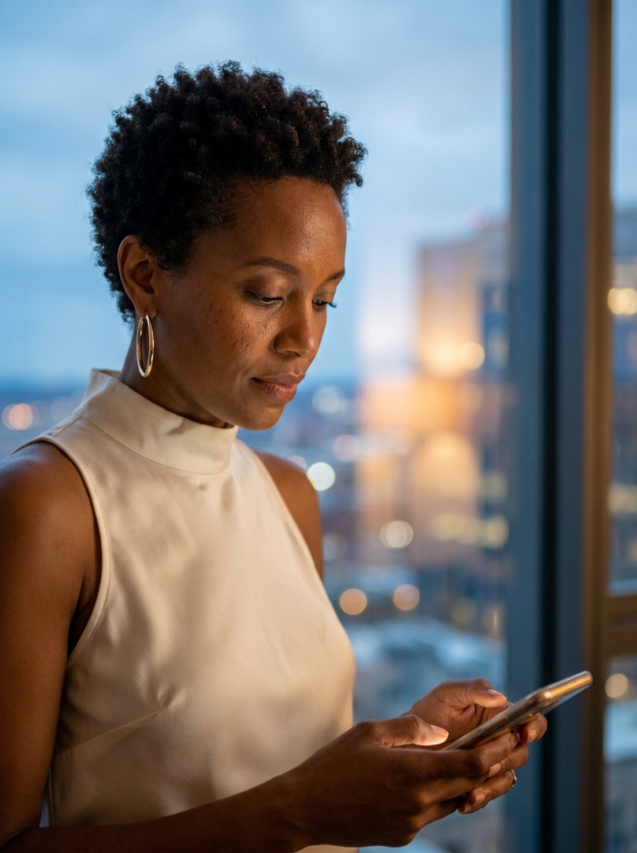 AI fashion model in a white satin top looking at her phone at dusk, generated with The New Black AI
