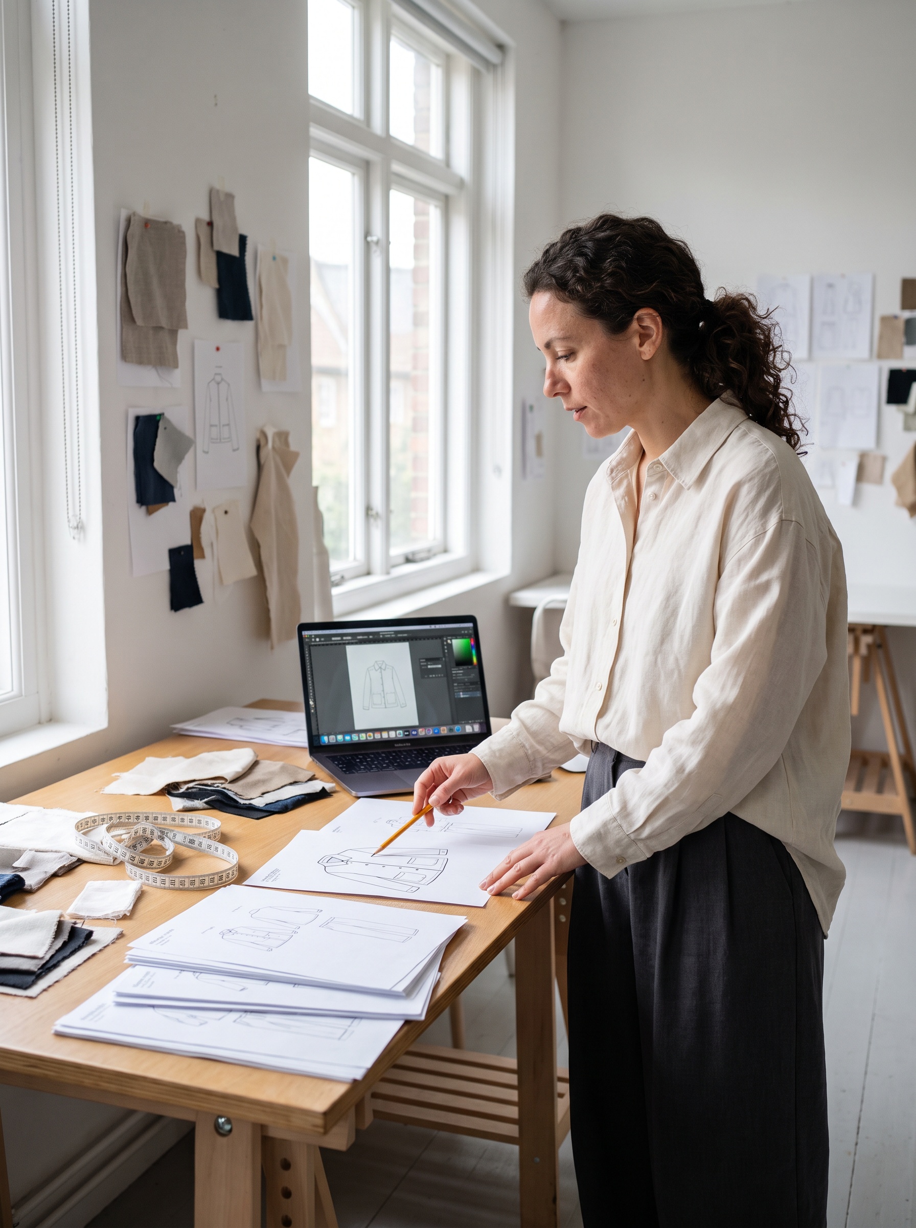 A fashion designer pointing at a measurement on a printed flat sketch, fabric swatches on the table