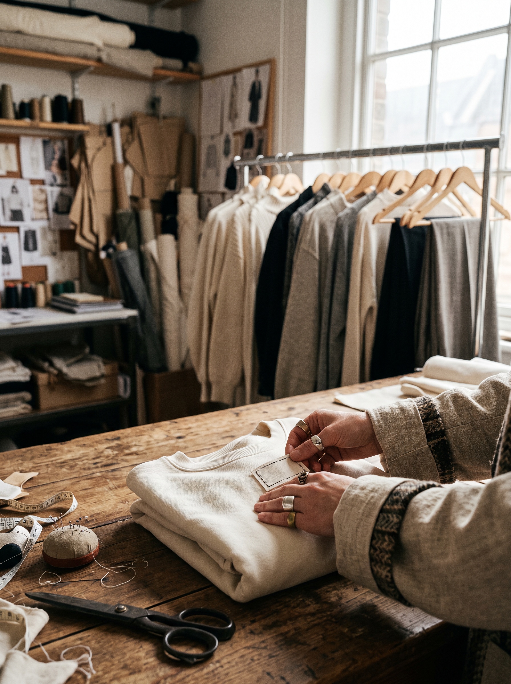 A designer placing a woven label on a folded cream sweatshirt, a rail of blank garments behind